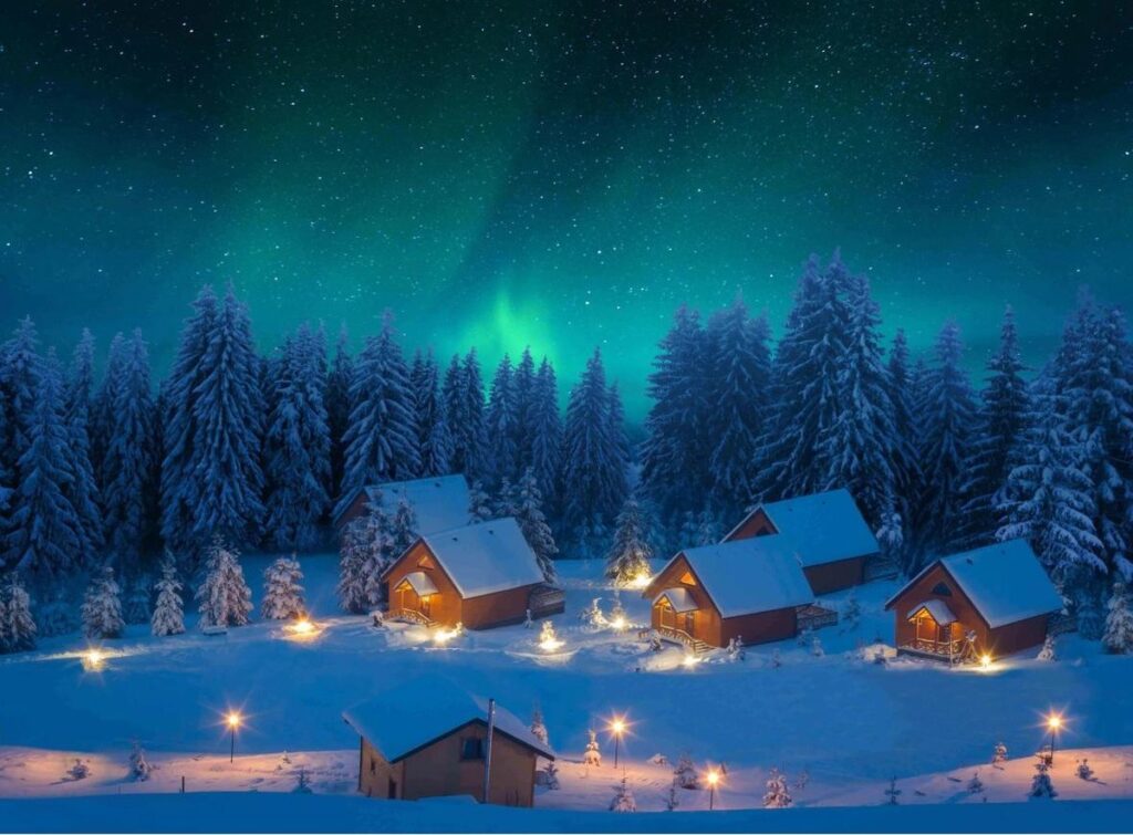 Een achtergrond voor een kerstdorp met bewegend noorderlicht
